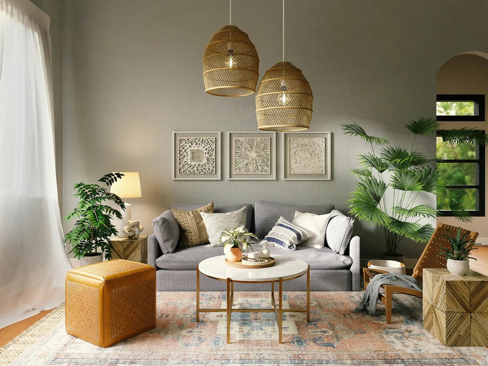 Living luminoso con sillón gris, mesa ratona redonda, alfombra, plantas y dos lámparas colgantes de fibra natural